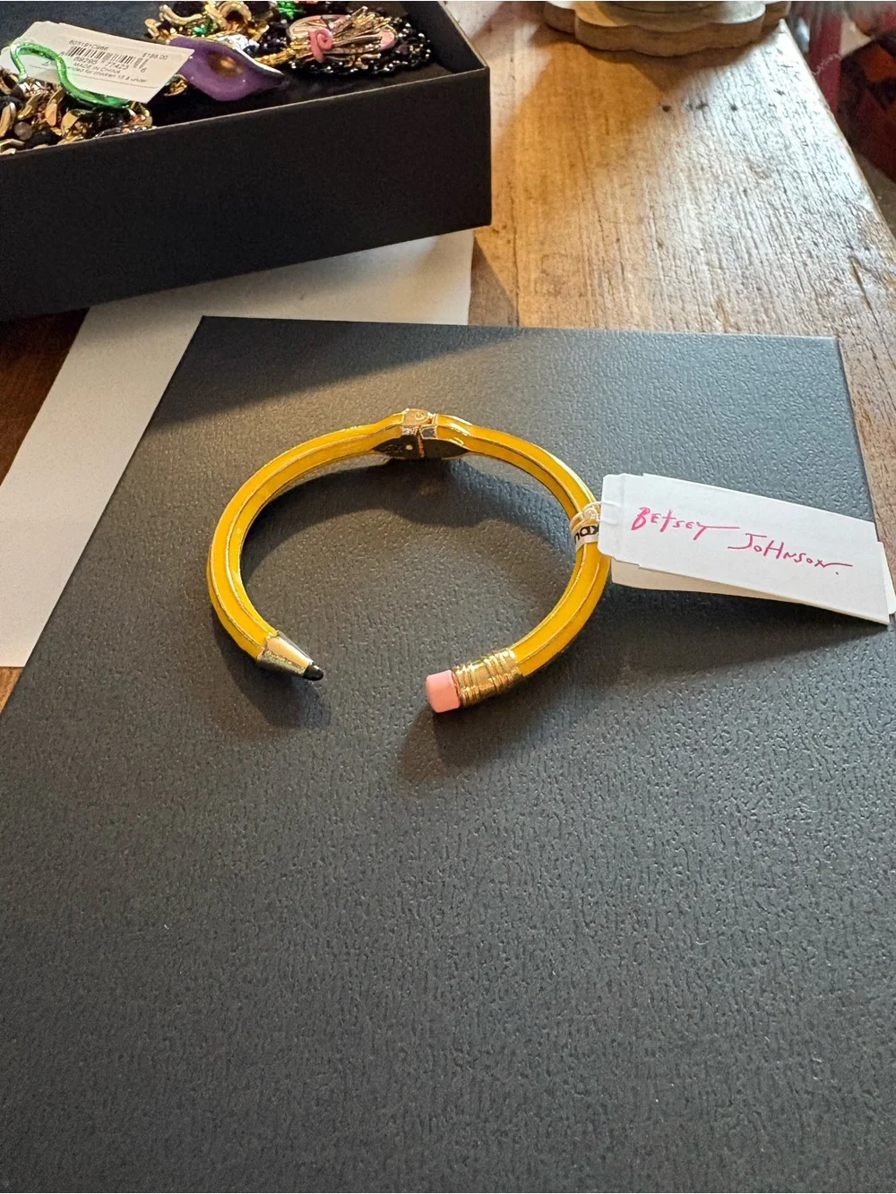 Betsey Johnson Yellow Pencil Hinged Cuff Bracelet with Pink Eraser